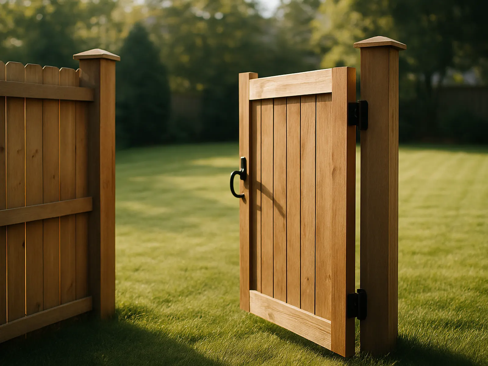 A wooden garden gate standing open onto a clean, mown back lawn