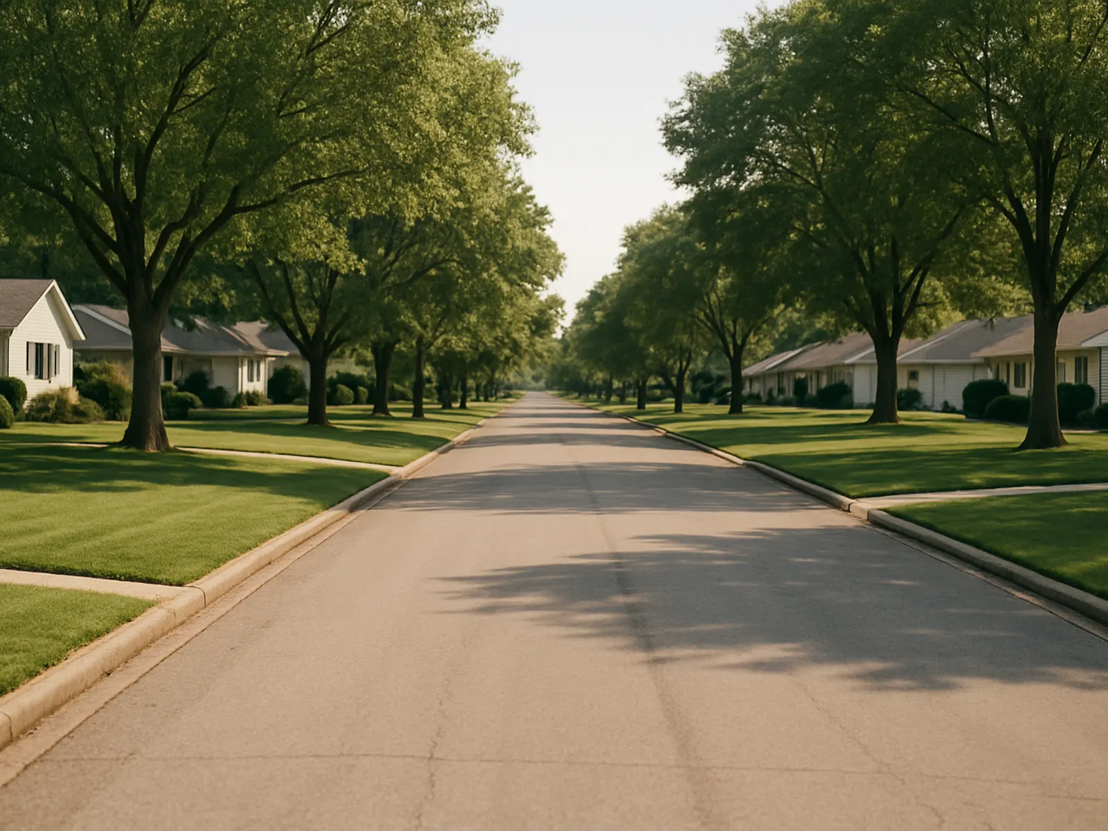 A quiet suburban street with mown verges and mature trees on a bright day