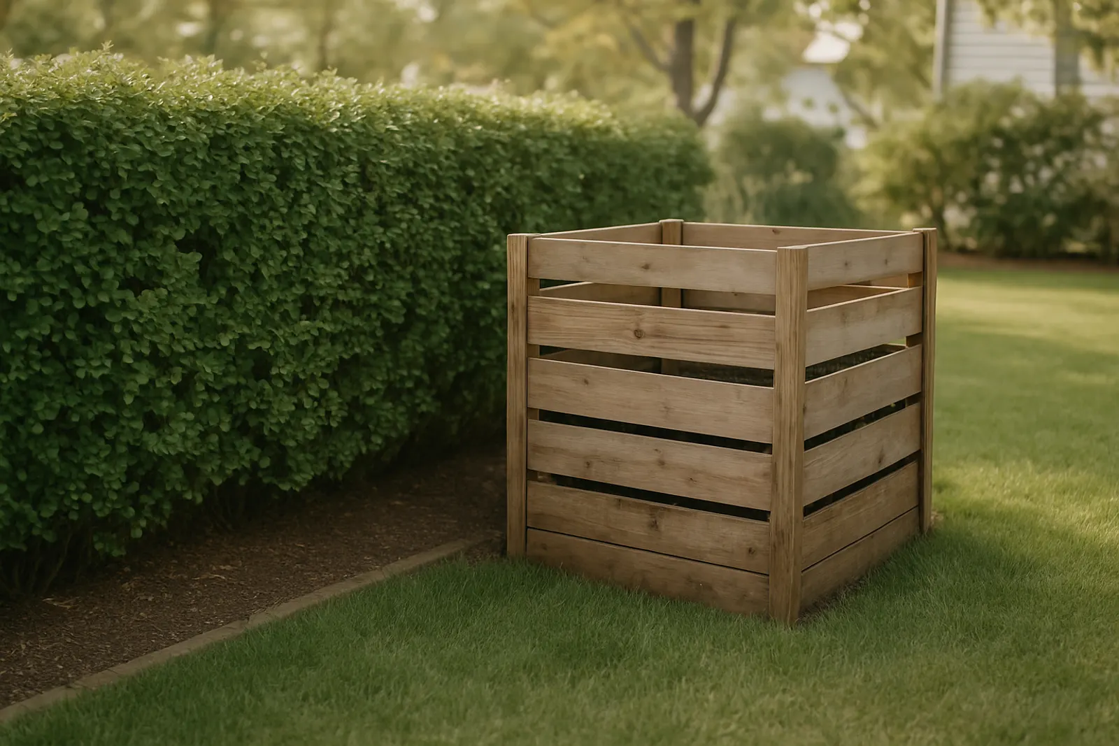 A garden corner with a compost bin beside a hedge and lawn