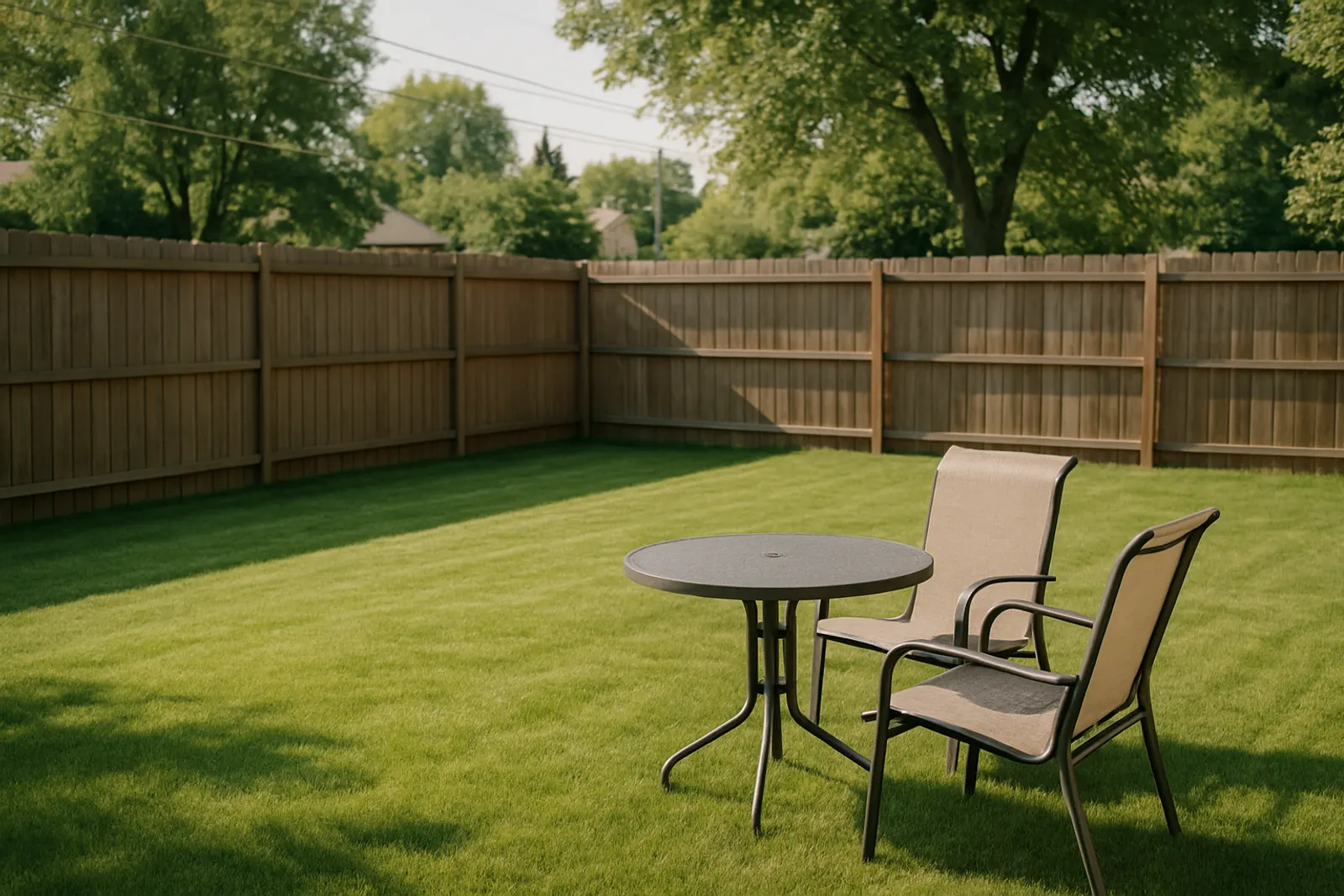 A clean suburban backyard lawn with a fence and patio furniture