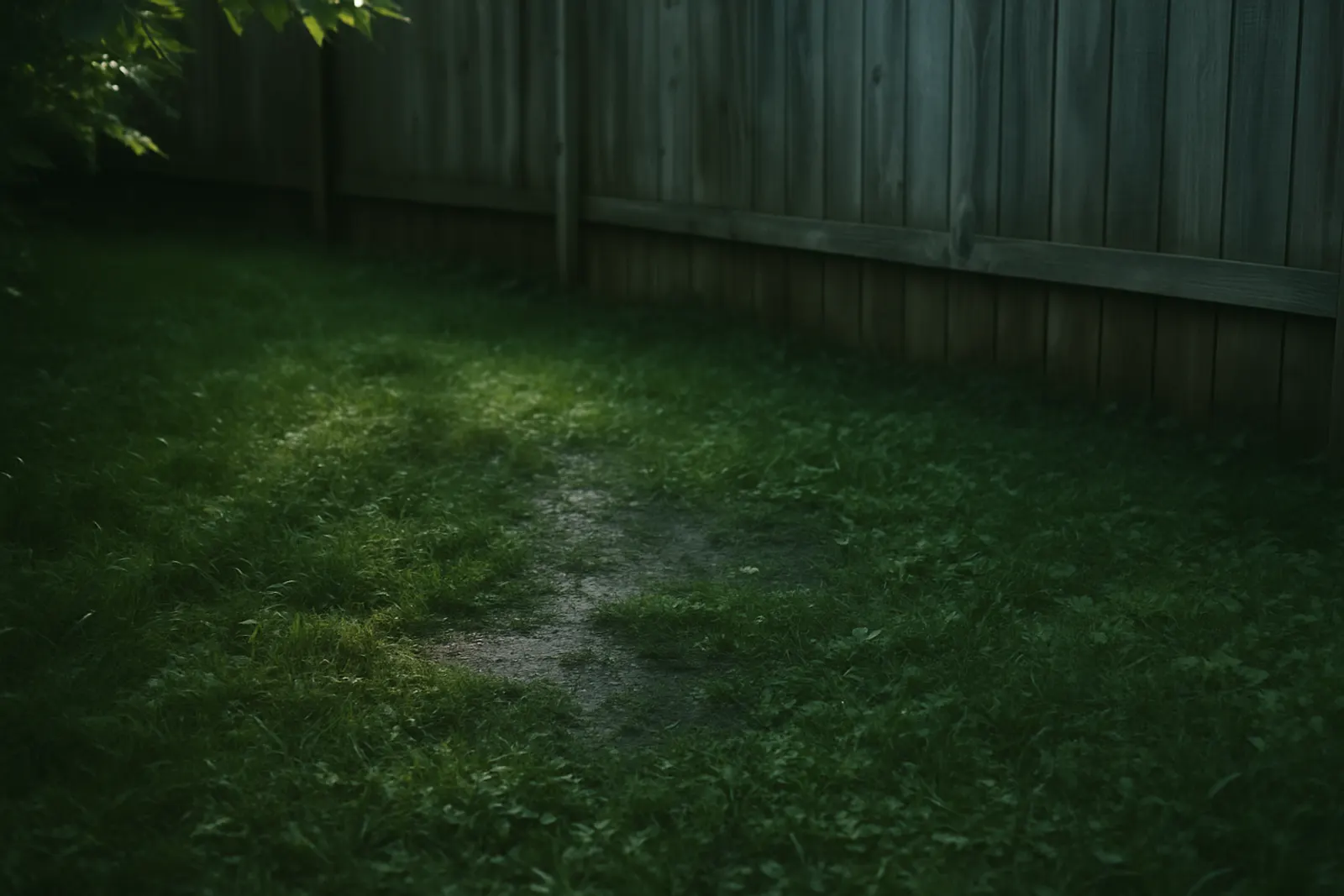 A shaded patch of lawn beside a fence line with dappled light