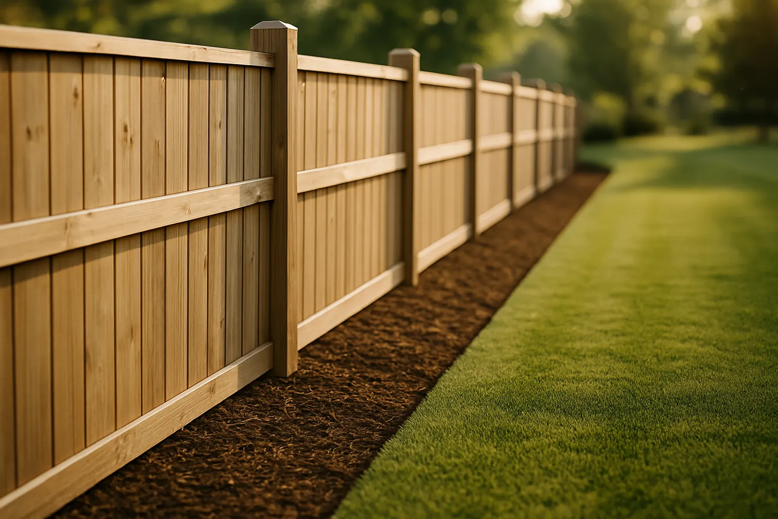 A tidy fence line and mown grass edge in a residential garden
