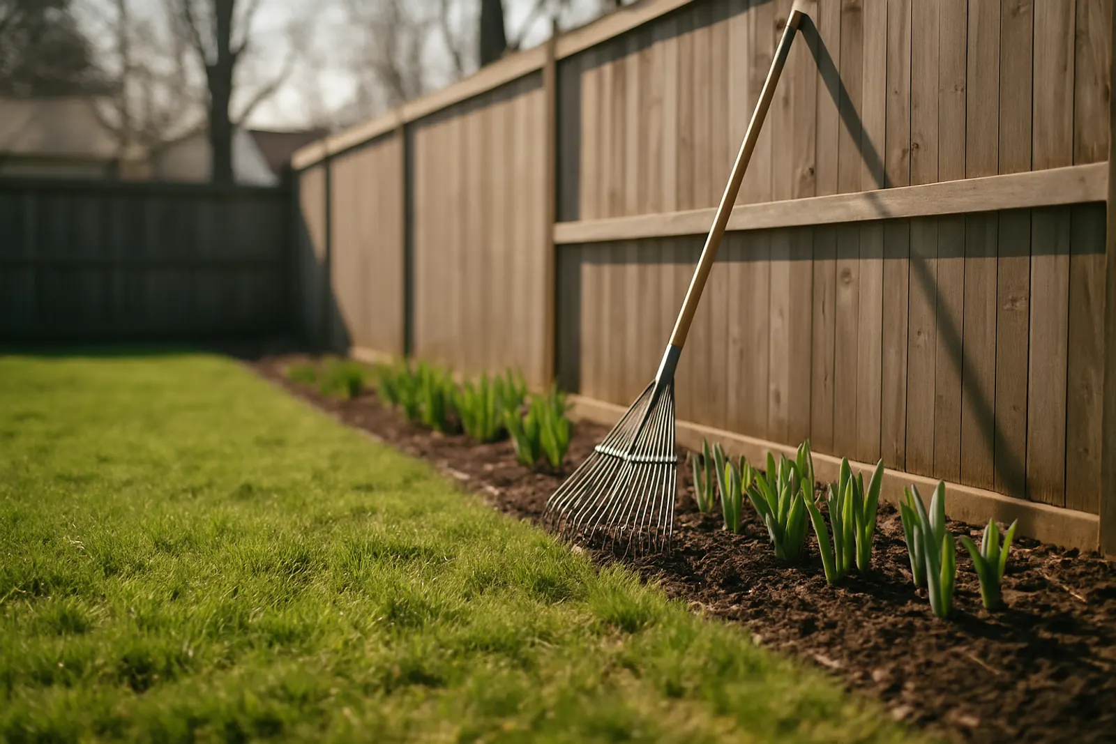Early spring lawn showing new growth beside a garden bed