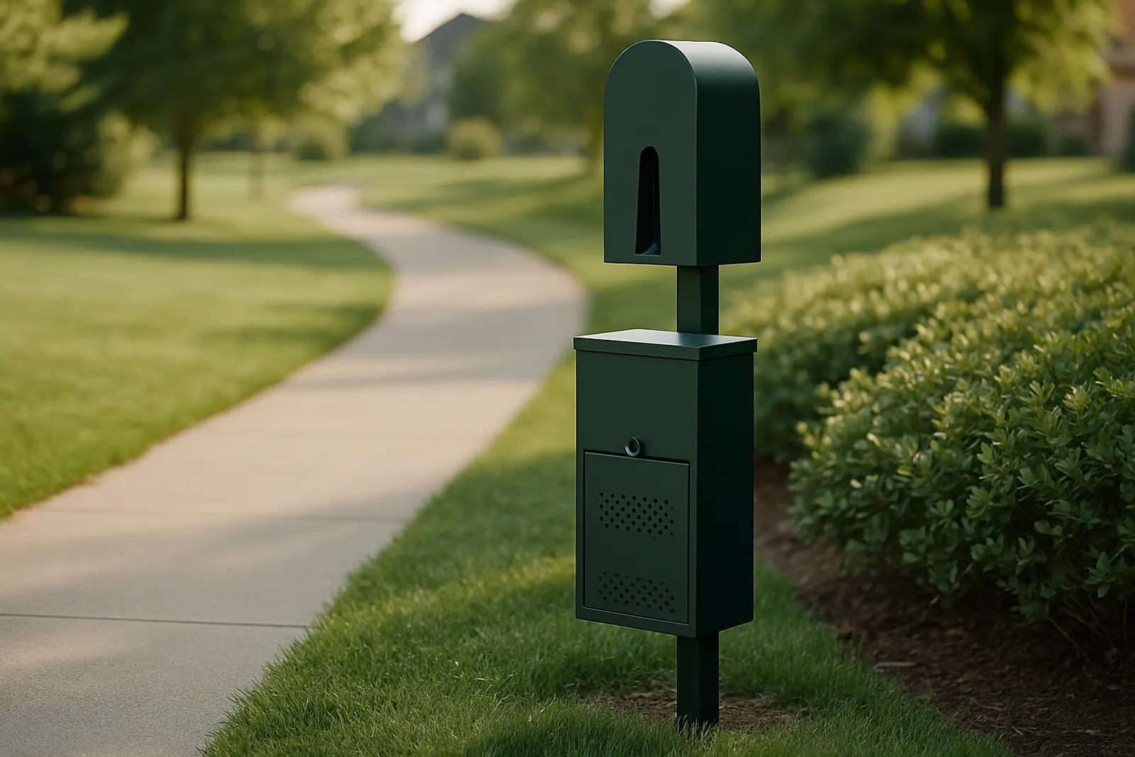 A pet waste station with a bag dispenser beside a landscaped community path