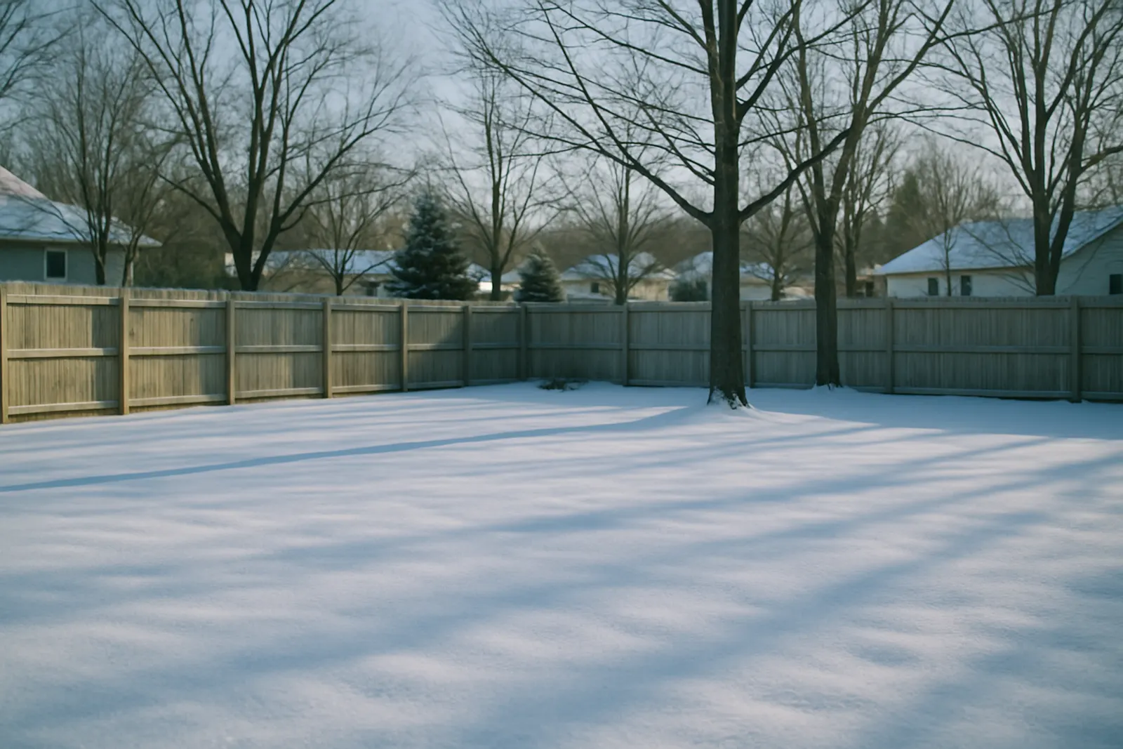 A snow-covered backyard with a fence line and bare trees