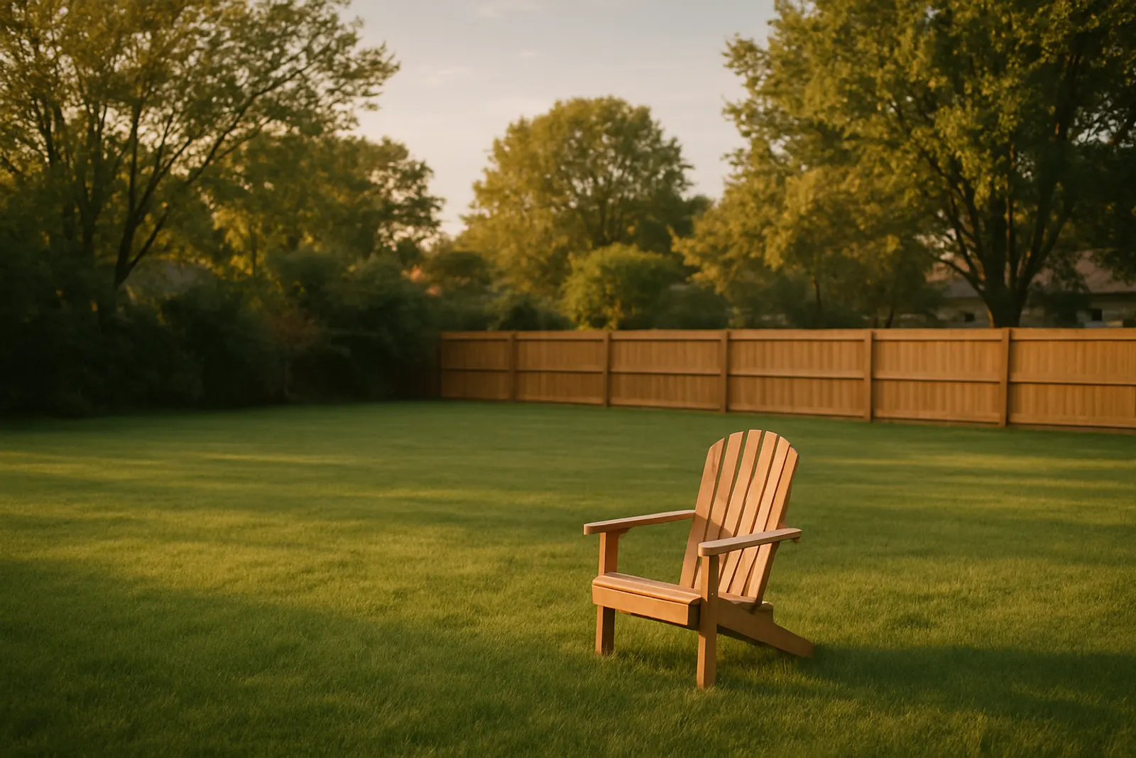 A clean back lawn with a garden chair and open space in evening light
