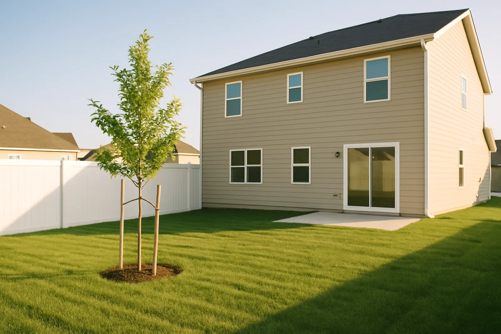 A newly built home backyard with fresh sod and a young tree