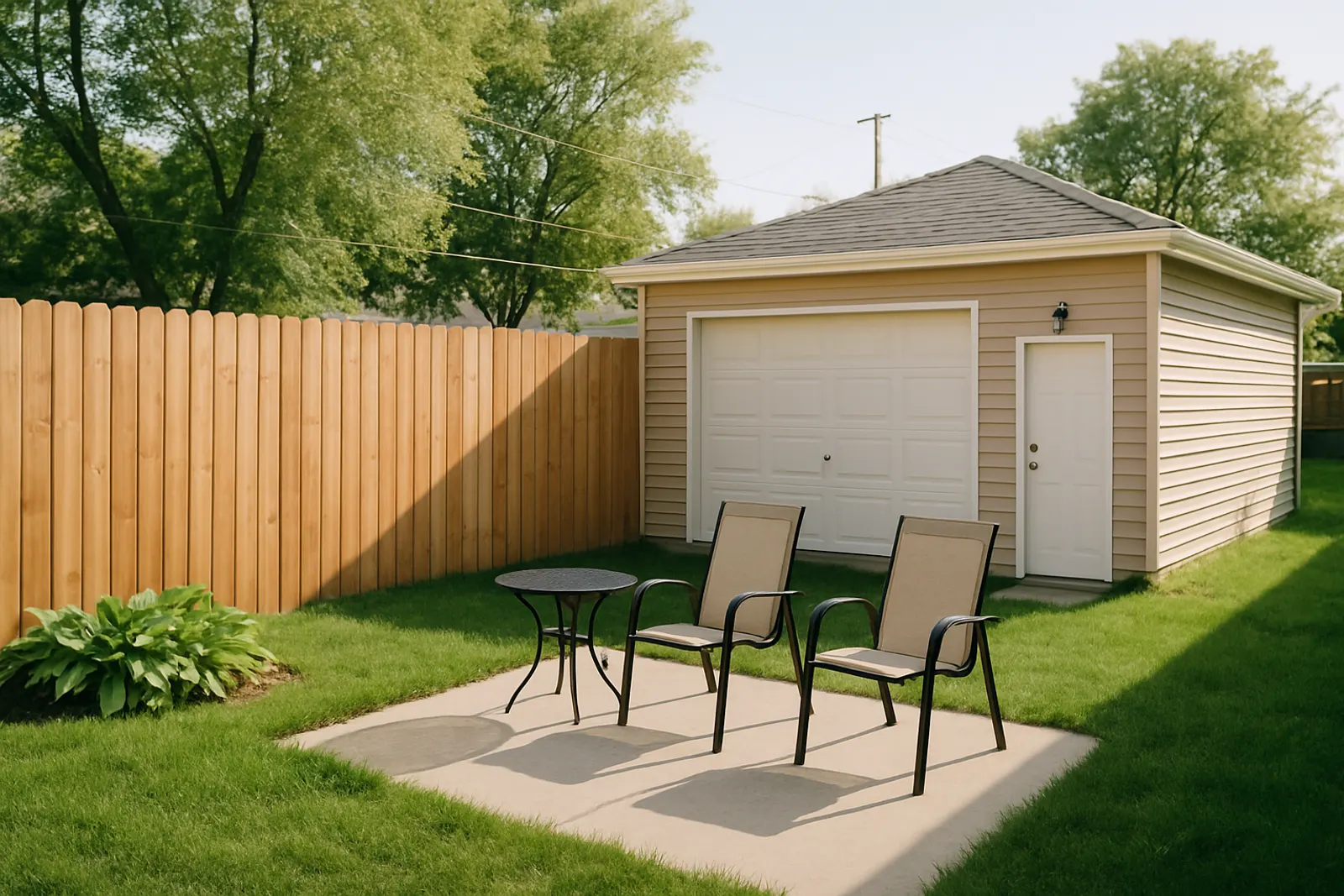 A compact city backyard with a wooden privacy fence and a small patio
