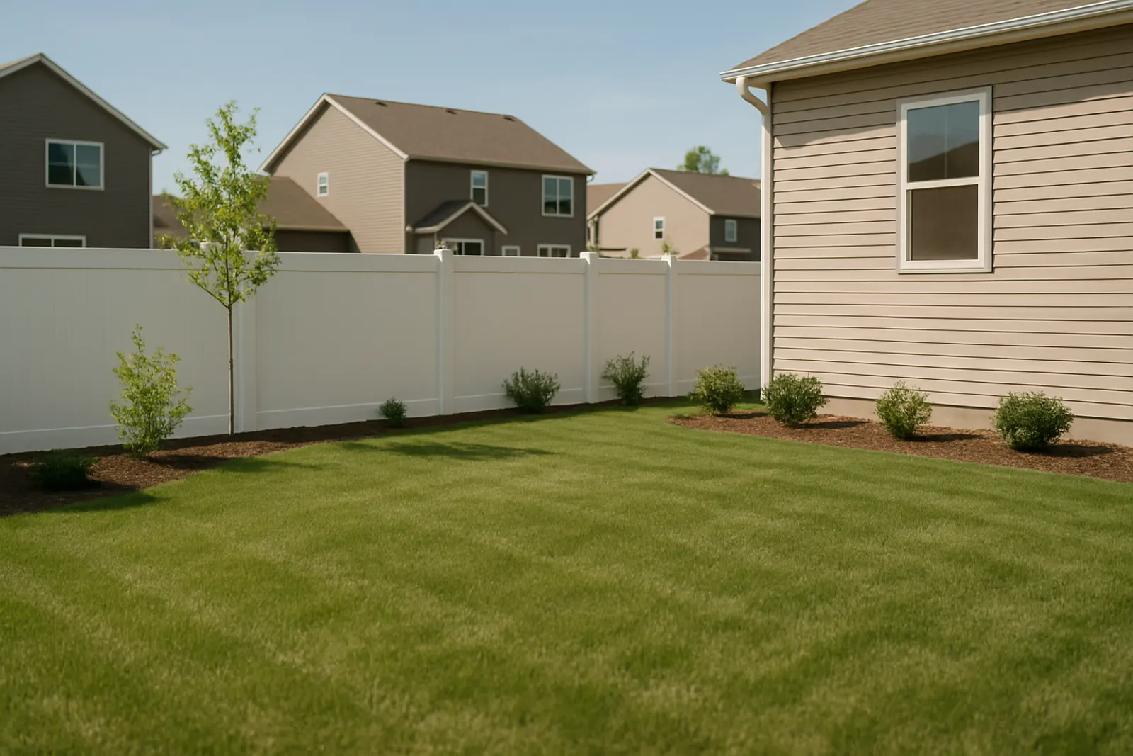 A newer development back lawn with a vinyl fence and young landscaping