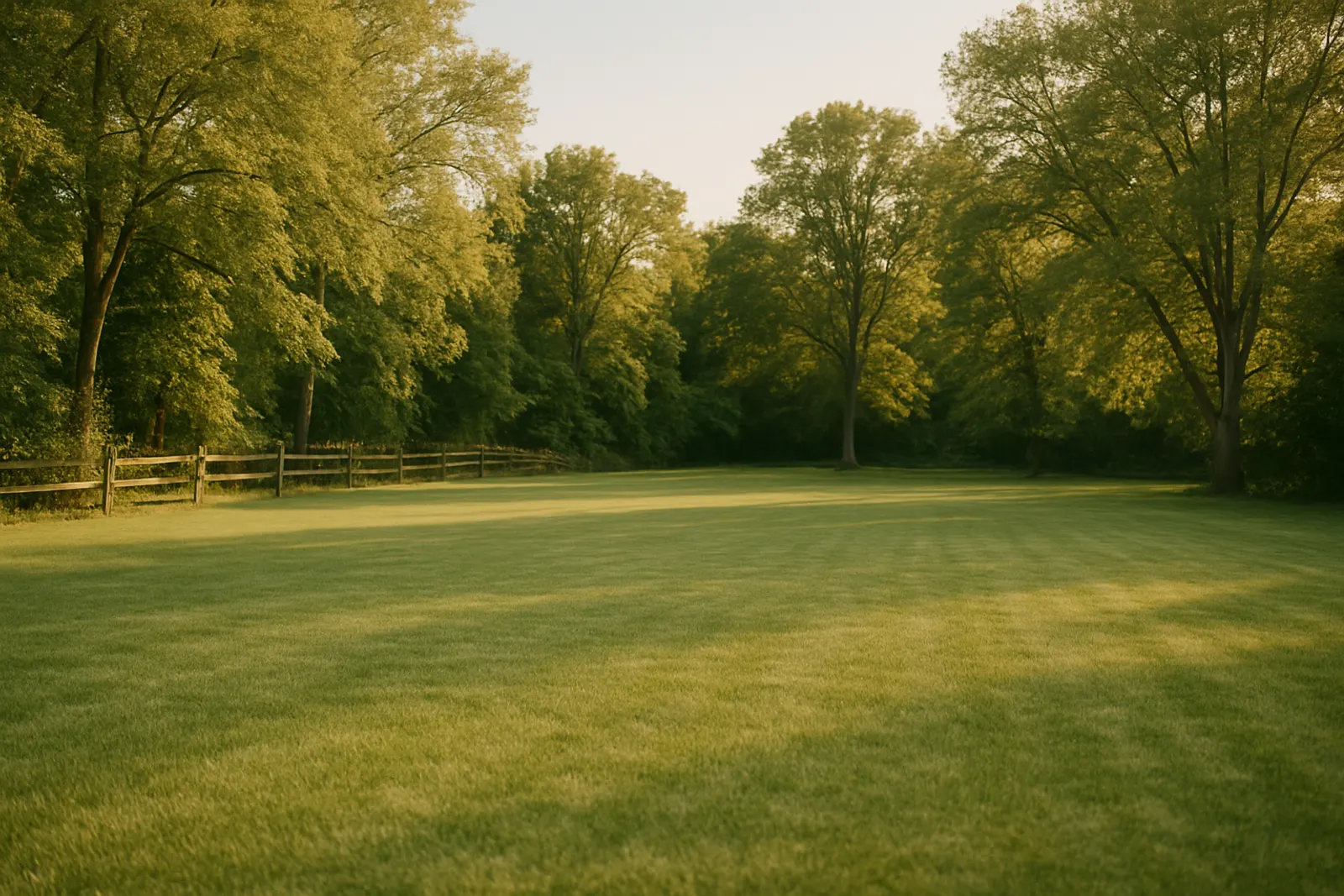 A large open back lawn bordered by mature trees and a split-rail fence