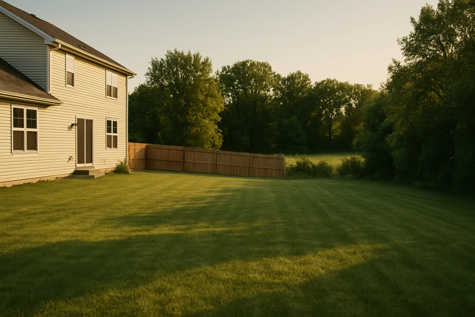A large suburban back lawn with a treeline and open field beyond the fence