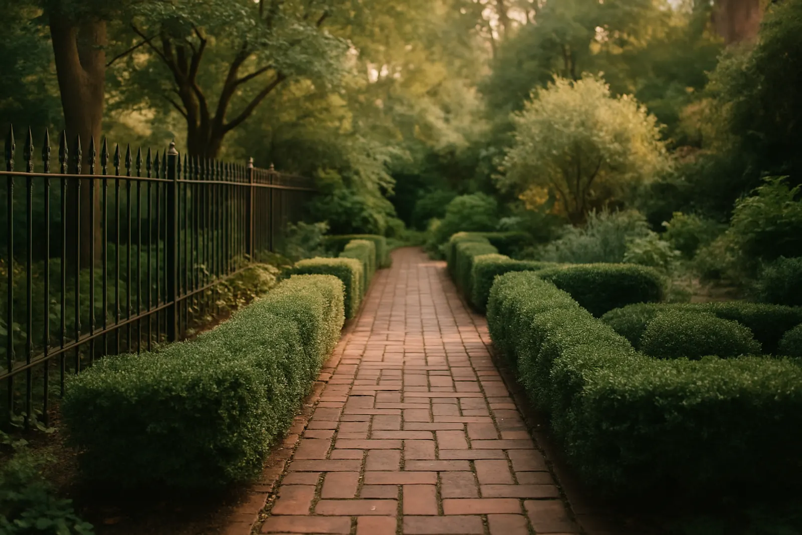A historic-district backyard with a brick path and clipped hedges