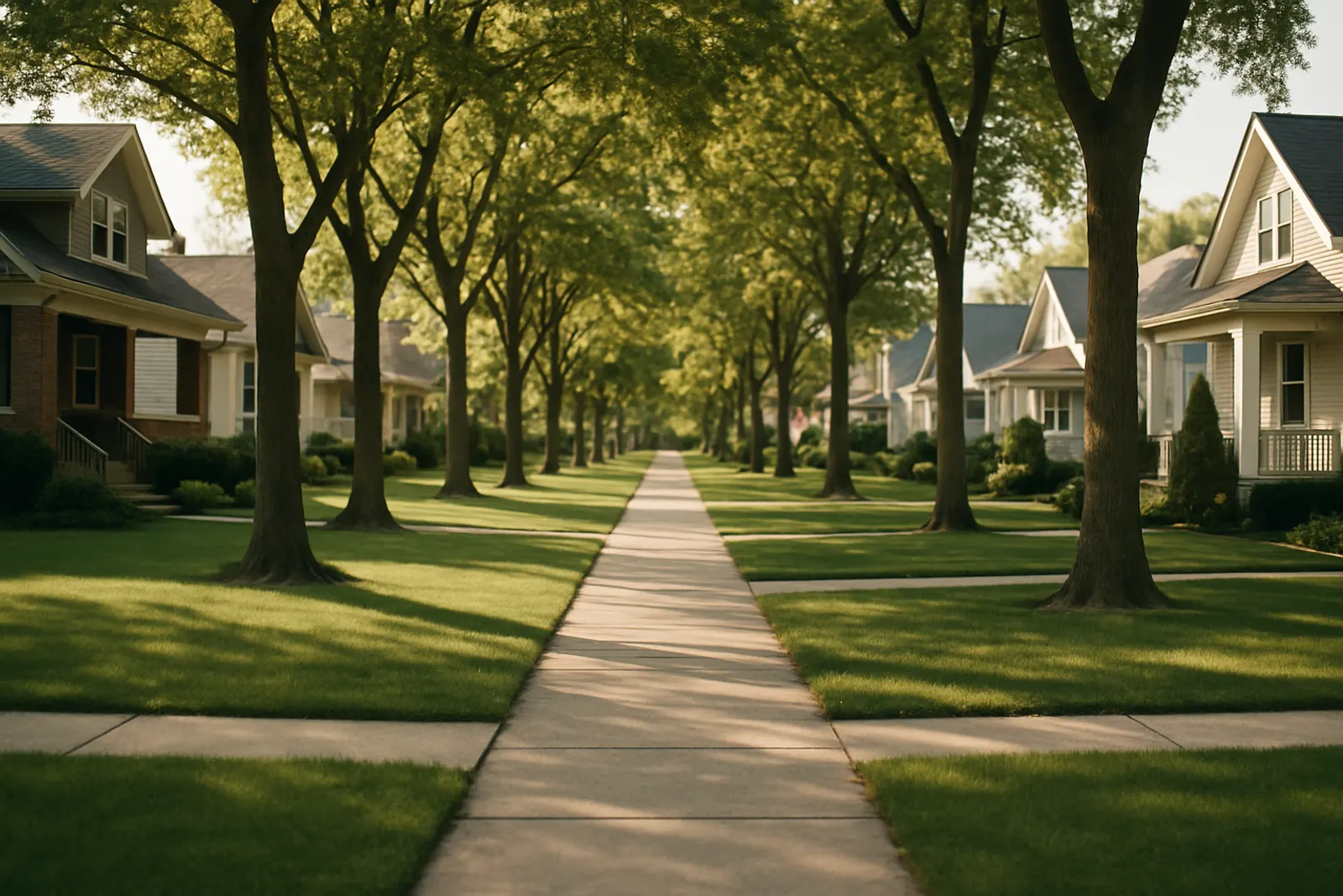 A tree-lined suburban street of family homes with clipped front lawns