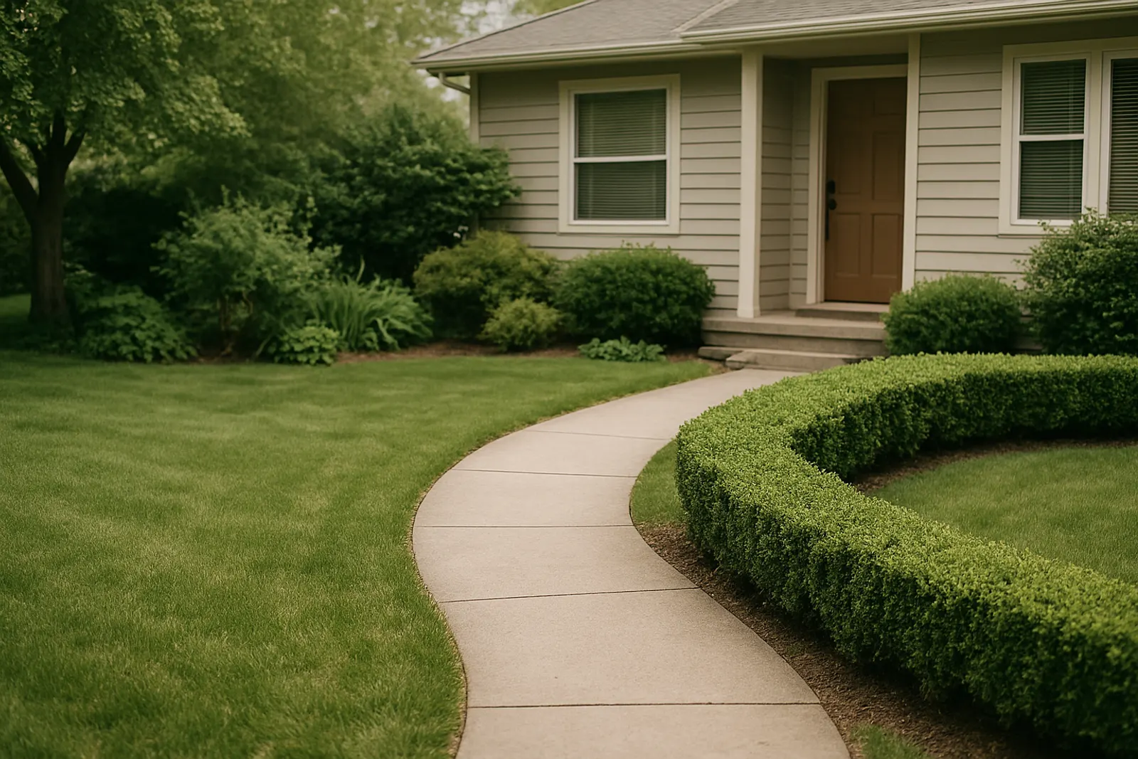 A quiet residential lawn with a low hedge and a curving footpath
