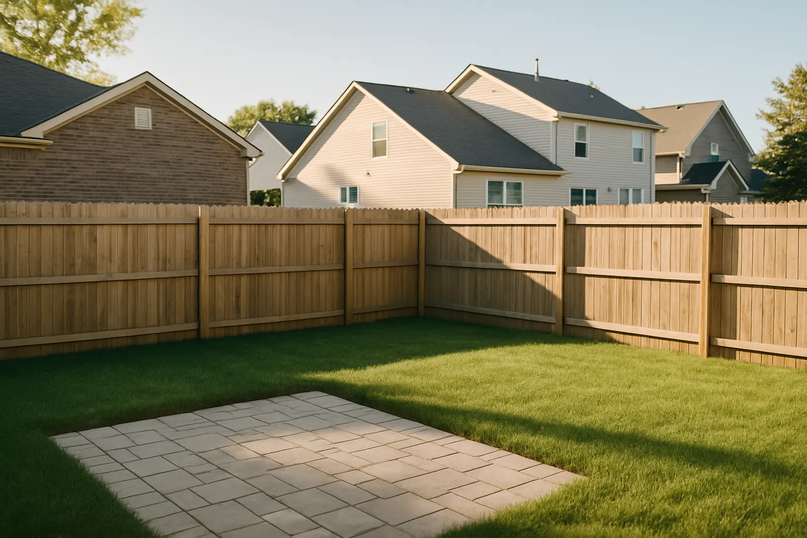A city backyard with a wooden fence, patio and neatly edged lawn