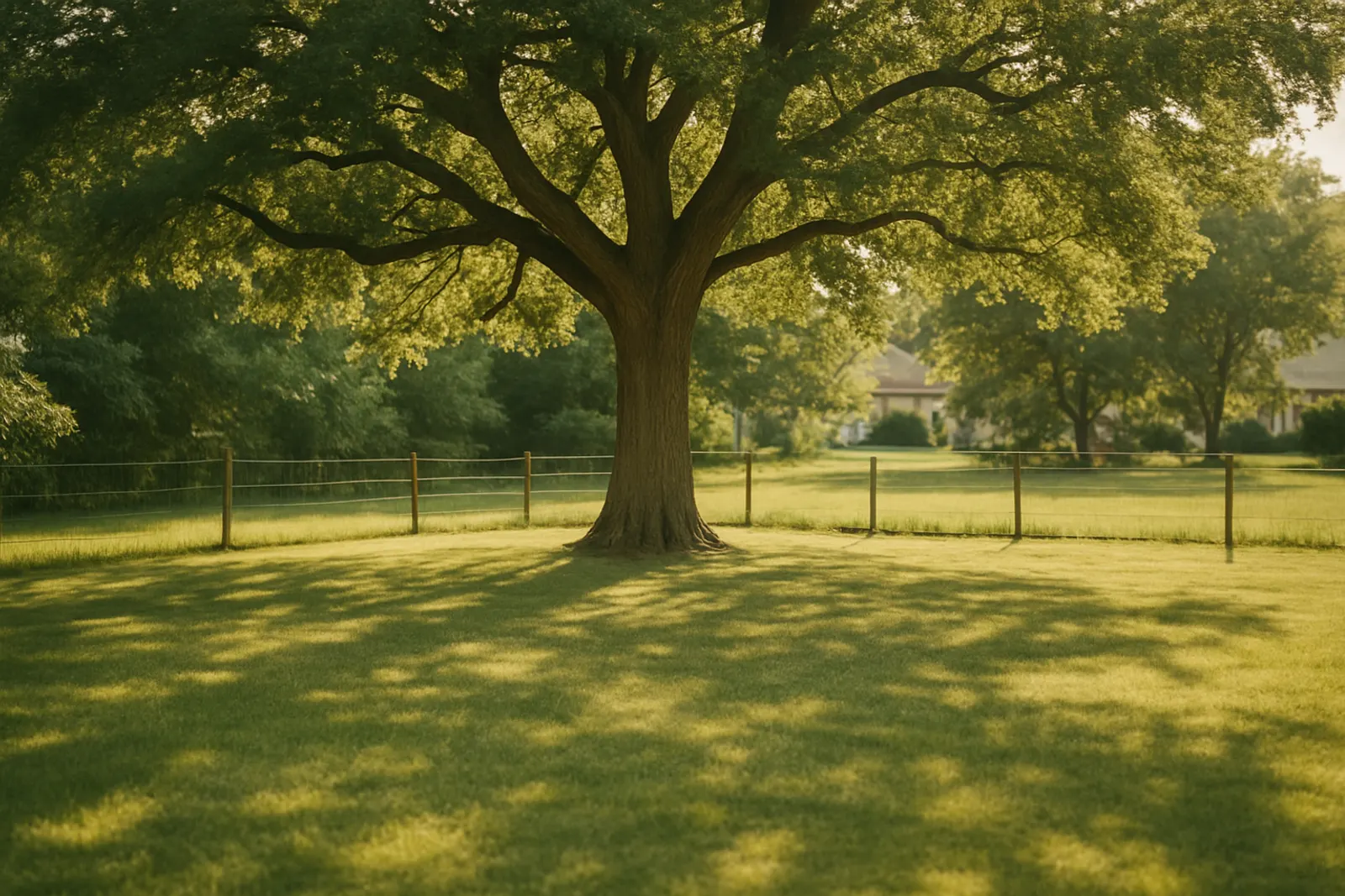 A generous small-town back lawn with a mature oak and a wire fence