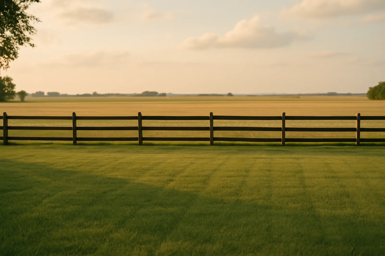 A wide small-town lawn with a wooden fence and open farmland beyond