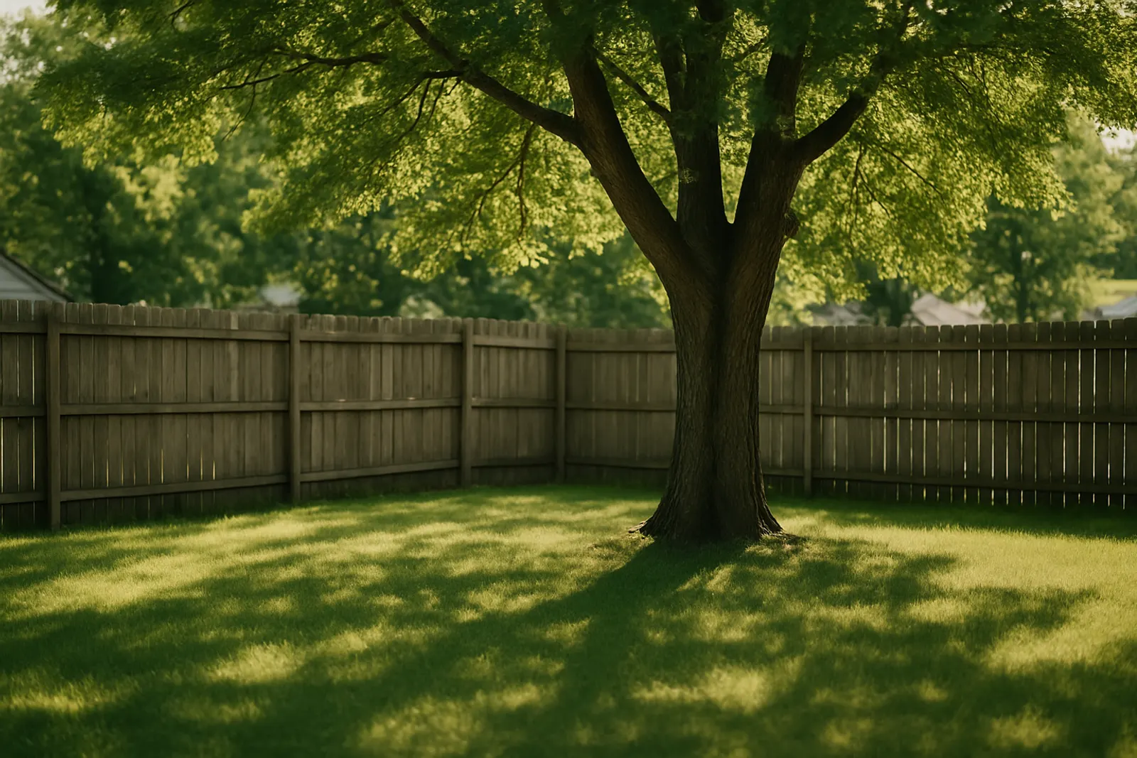 A small-town backyard with a wooden fence and a mature shade tree