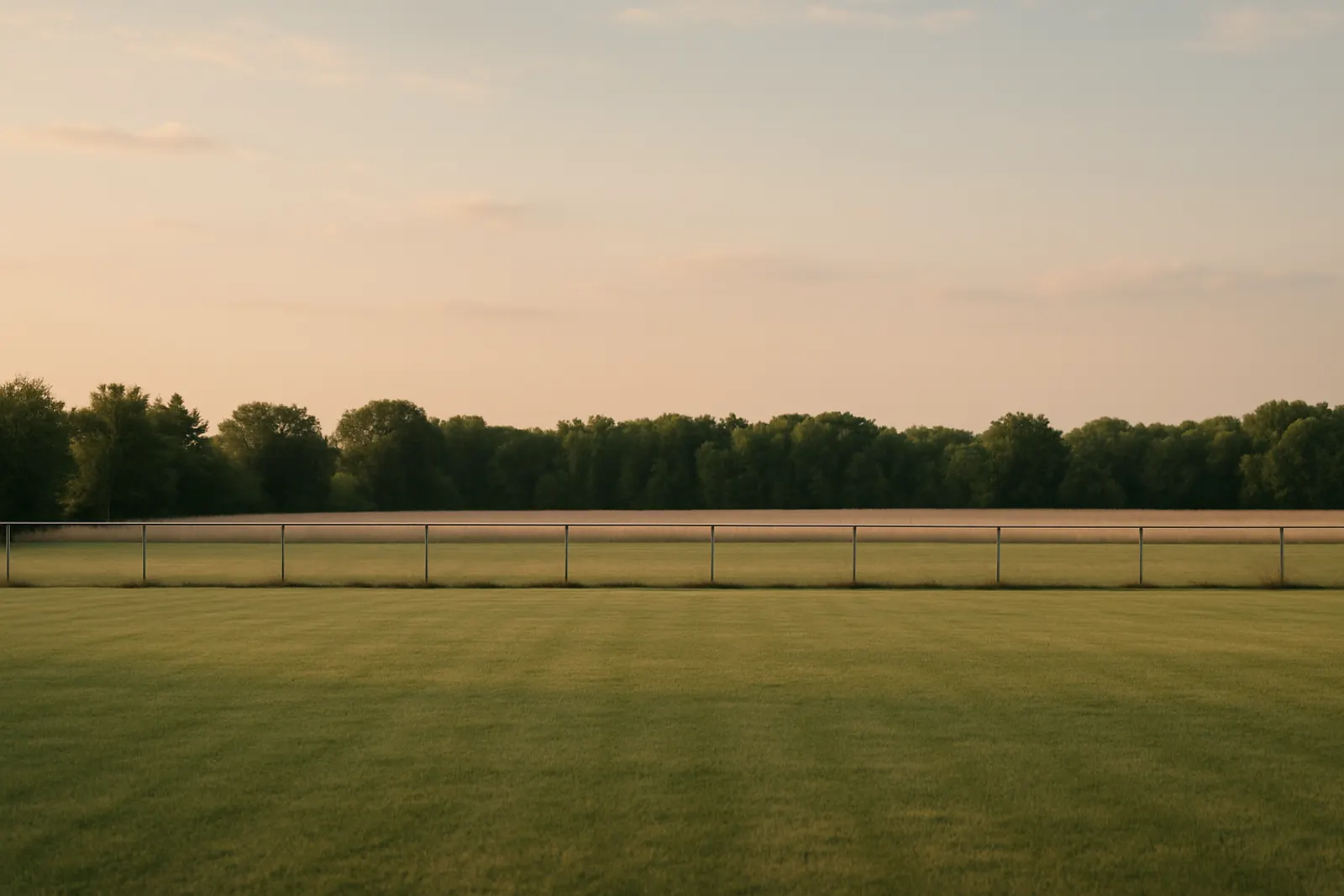 A broad township lawn with a wire fence and open sky beyond
