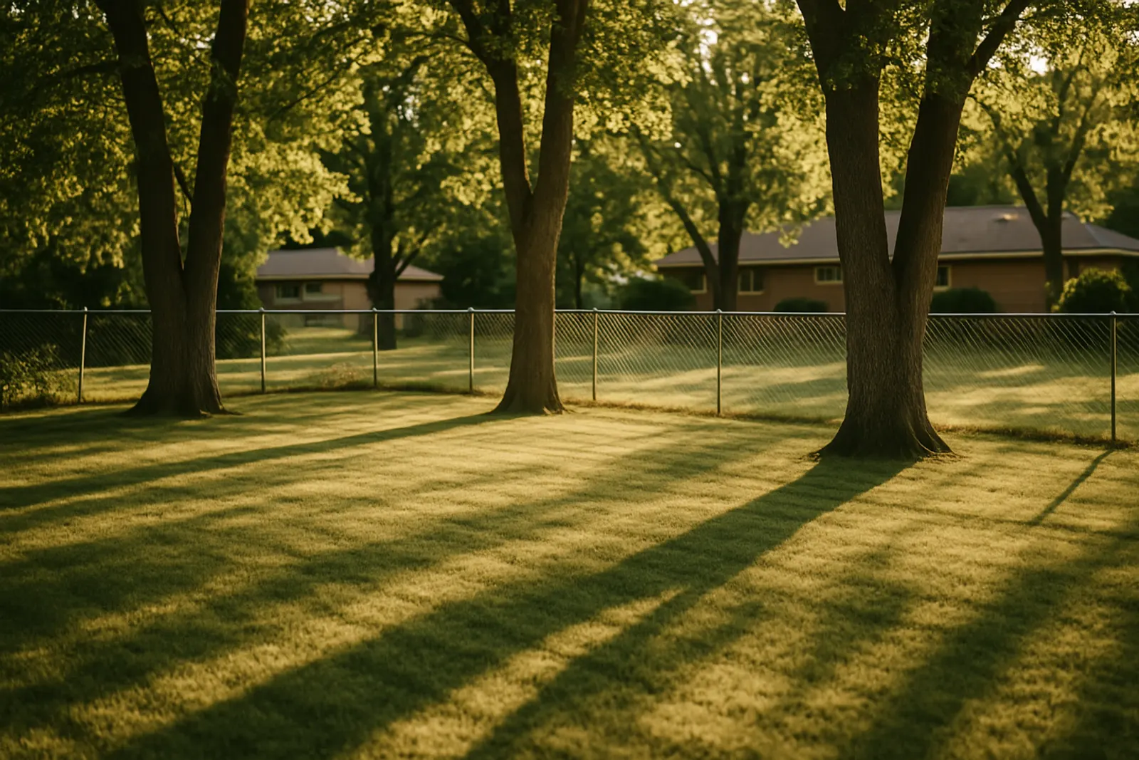 An established suburban backyard with a chain-link fence and mature trees