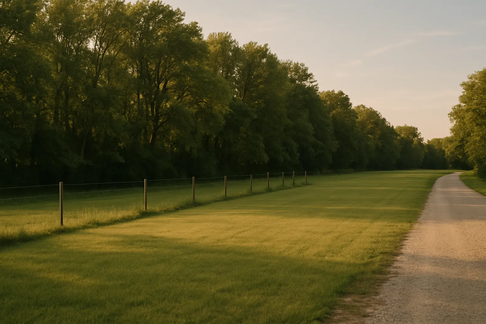 A rural property lawn edged by woodland and a wire fence