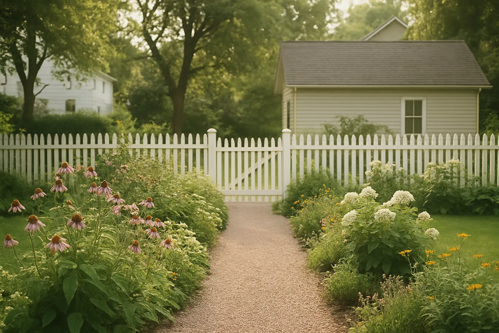 An older village backyard with a picket fence and a gravel path