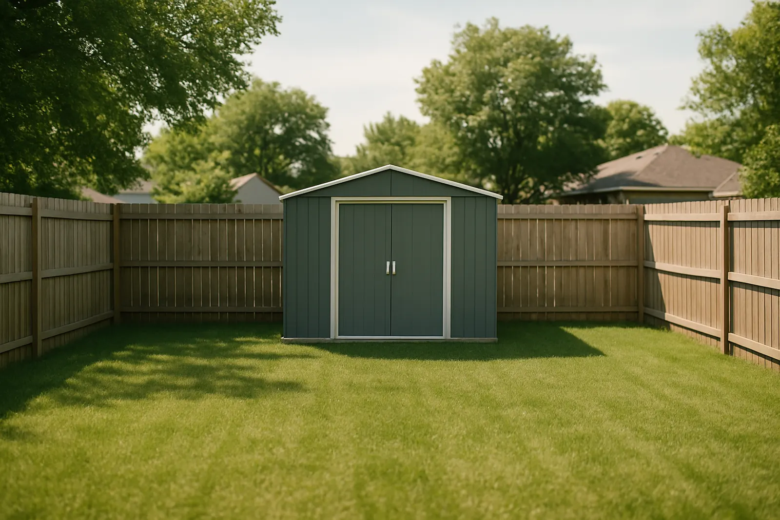 A modest fenced backyard with a shed and a well-kept lawn