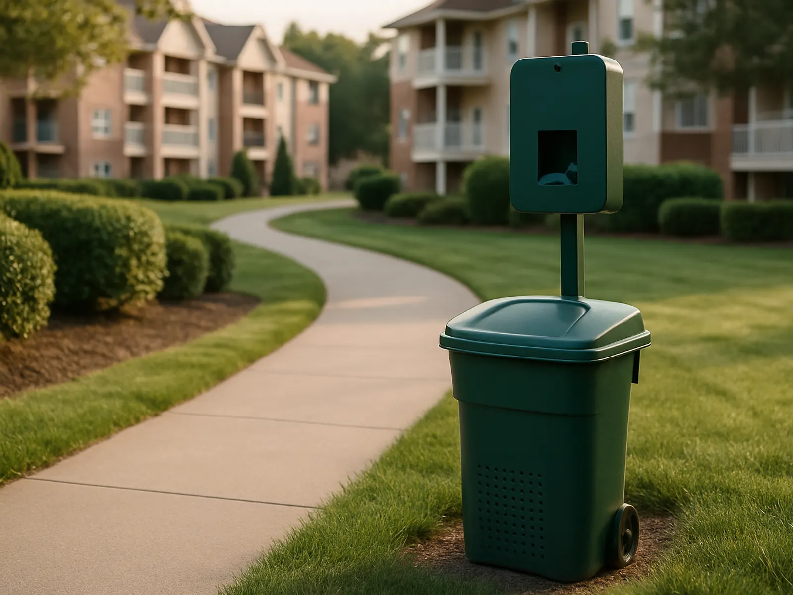 A pet waste station beside a paved path in a landscaped apartment community