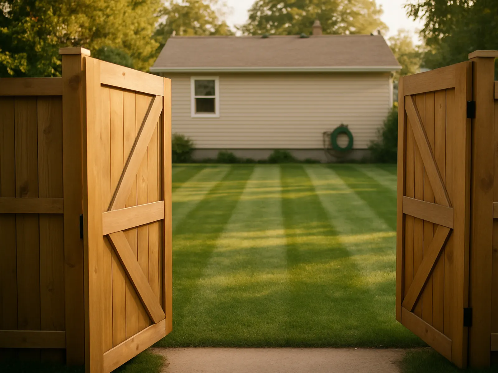 An open garden gate leading to a freshly cleared back lawn