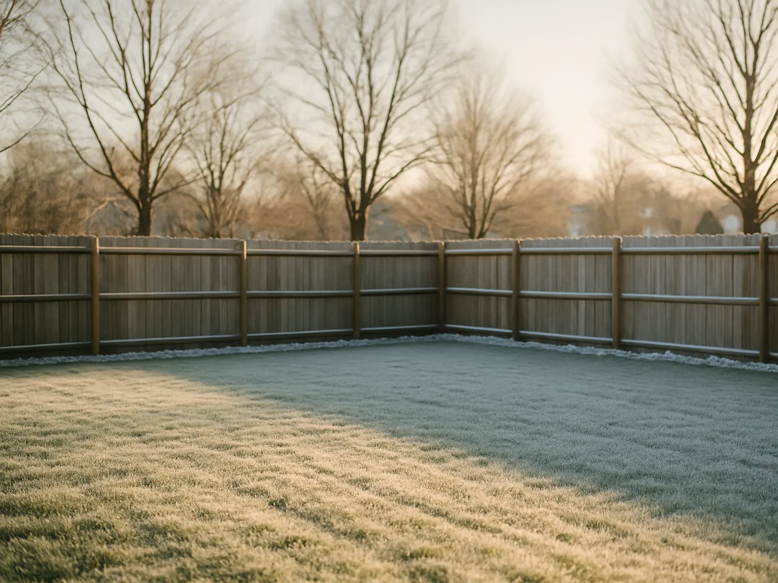 A frosted back lawn with a fence line on a clear winter morning