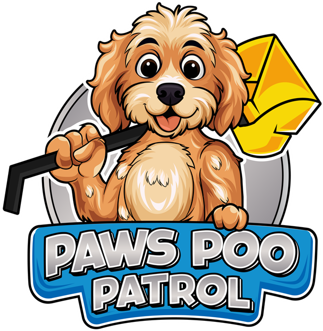 Paws Poo Patrol logo: a cartoon doodle carrying a pooper scooper over its shoulder