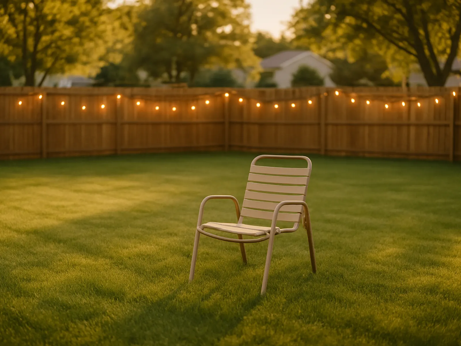 A clean back lawn in evening light with a garden chair and open space