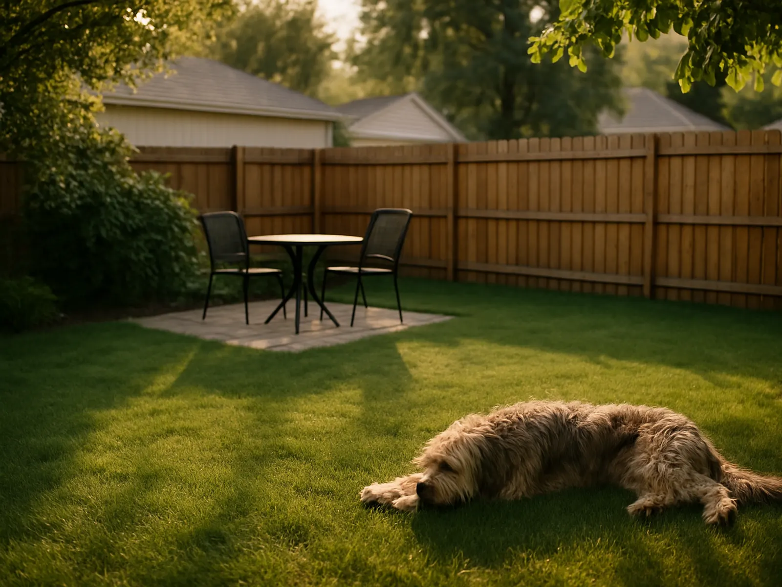 A well-kept residential back lawn with a fence and patio in afternoon light