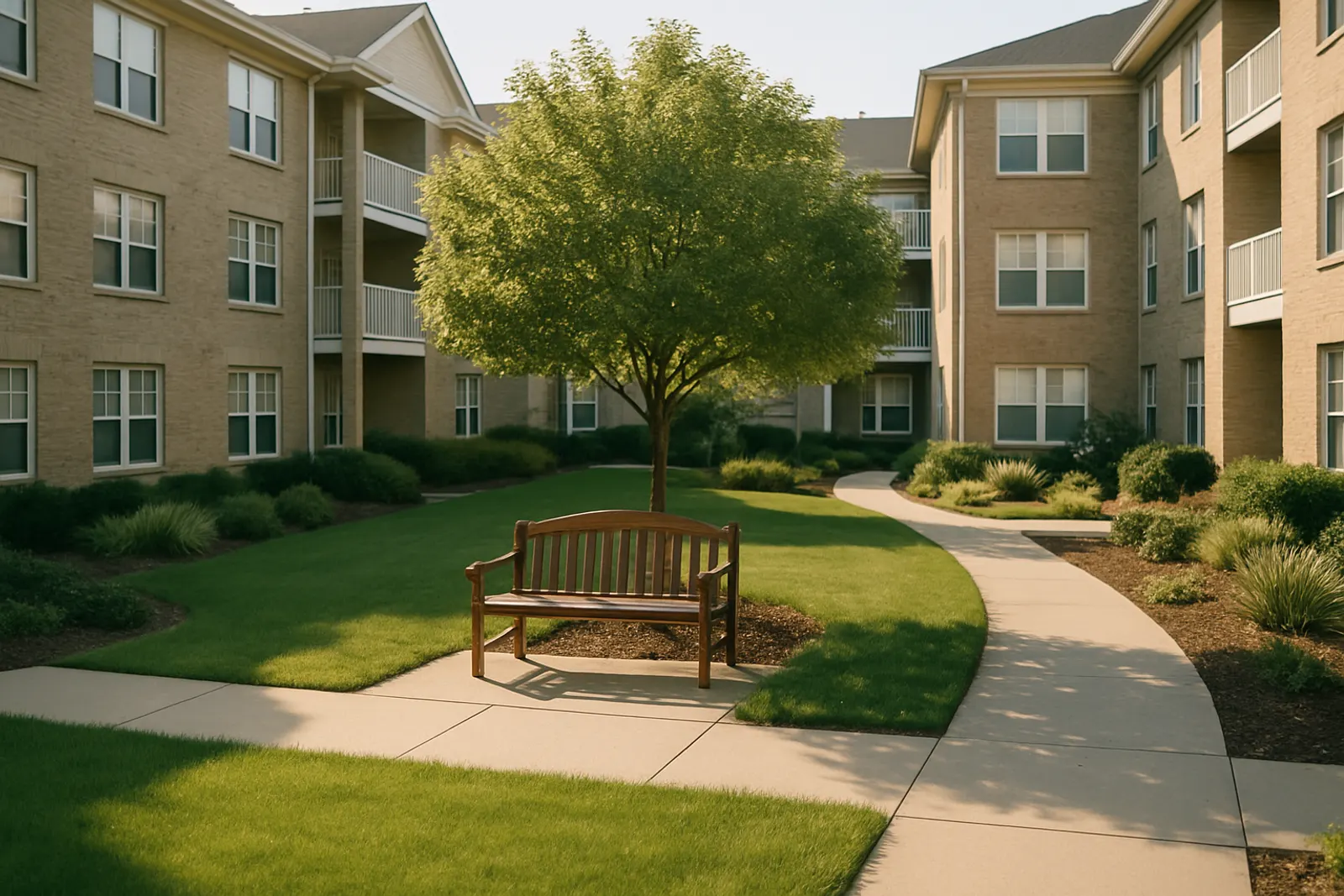 A landscaped apartment courtyard with clipped lawn and a bench under a tree