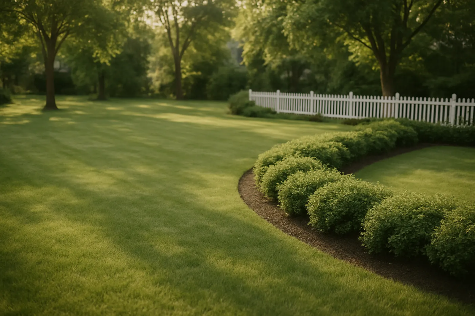 A tidy lawn with a garden bed and a low fence in soft afternoon light