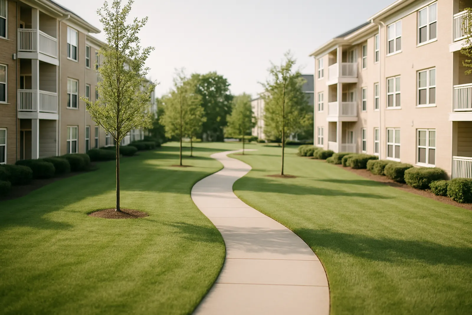 A landscaped common green between apartment buildings with a paved walking path