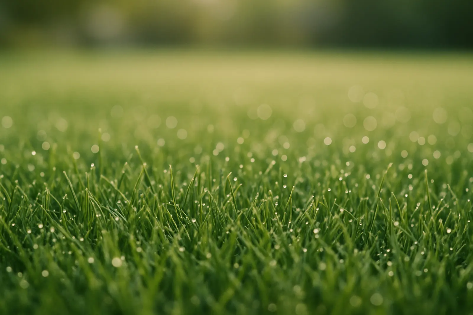 Close view of healthy green turf with water droplets catching the light