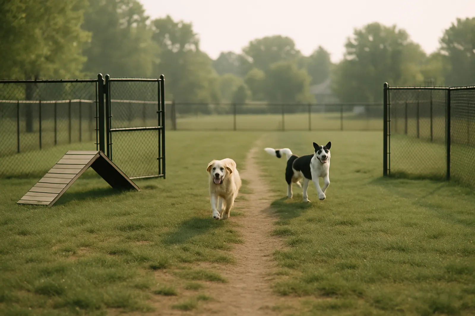 A fenced dog park with worn grass paths, agility ramp and open gate in soft light