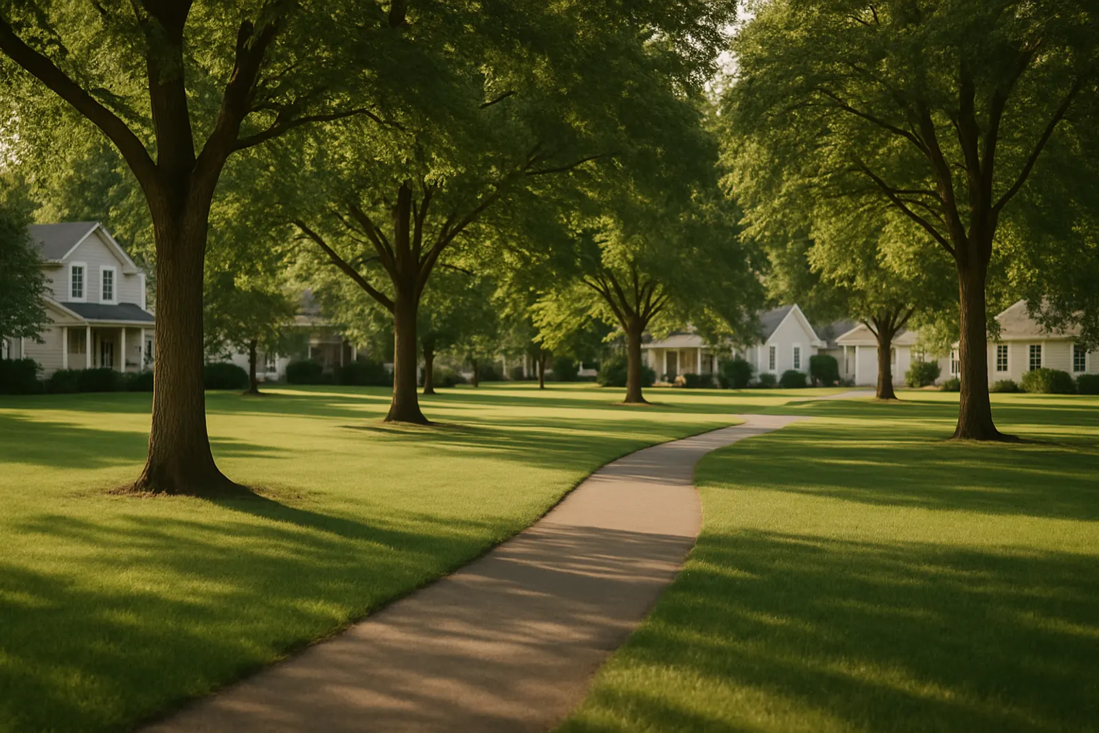 A neat HOA common green with mature trees and a walking path between homes