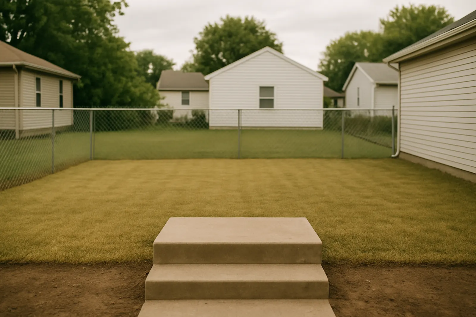 An empty rental backyard with a chain-link fence and freshly cleared turf
