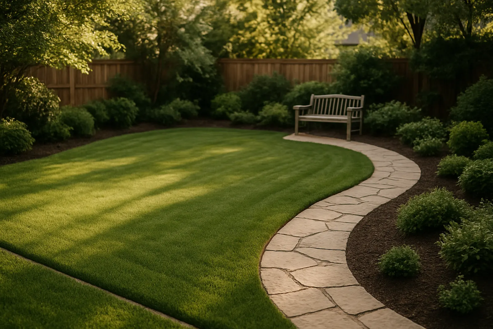 A restored back lawn with clean edges and a garden path in warm evening light