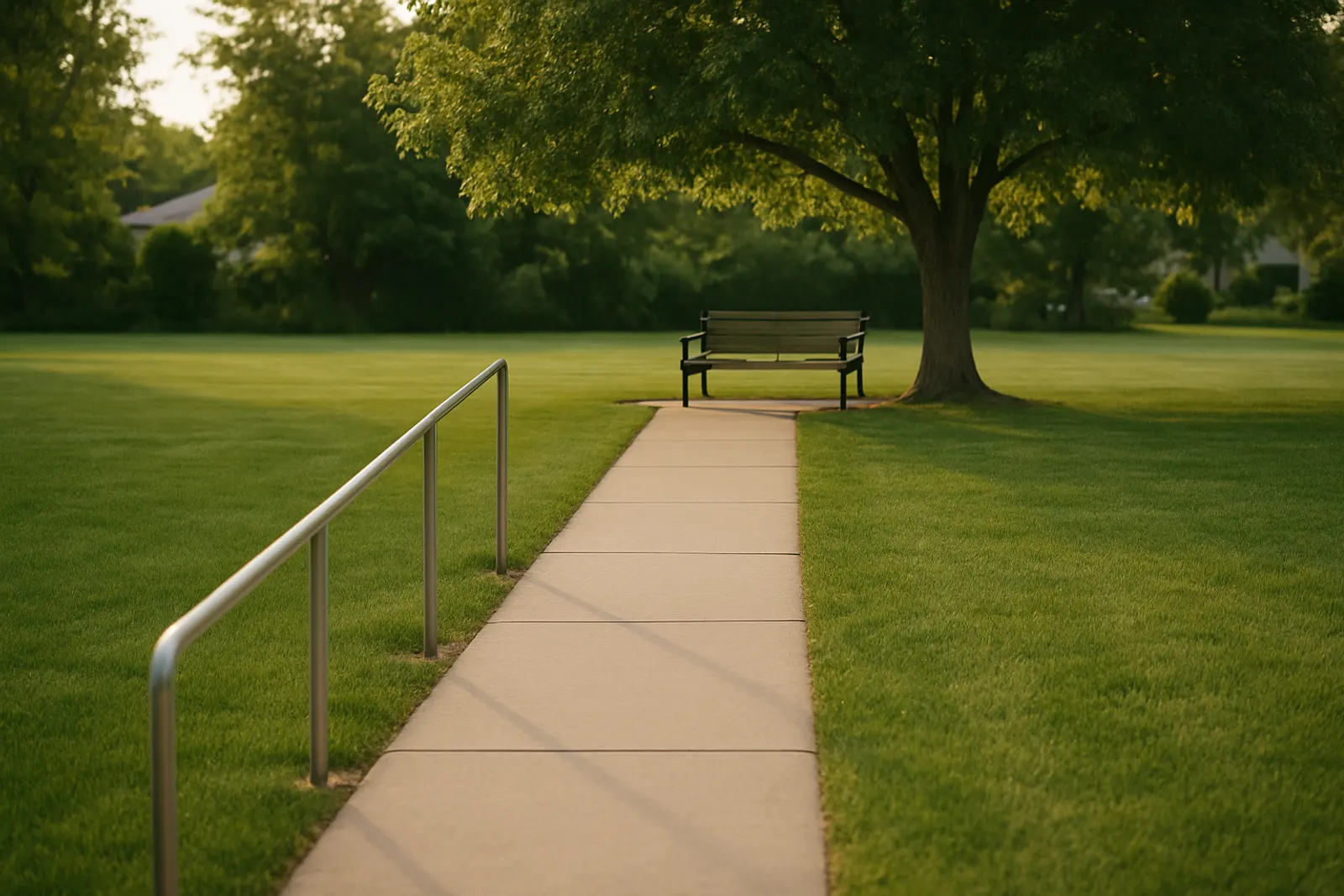 A level, well-kept back lawn with a smooth path leading to a garden bench