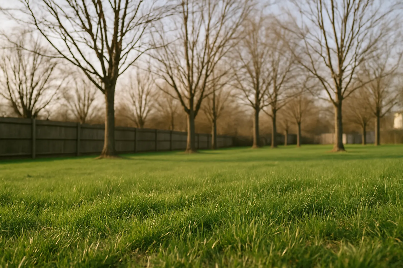 Early spring lawn with new green growth and bare trees along a fence line