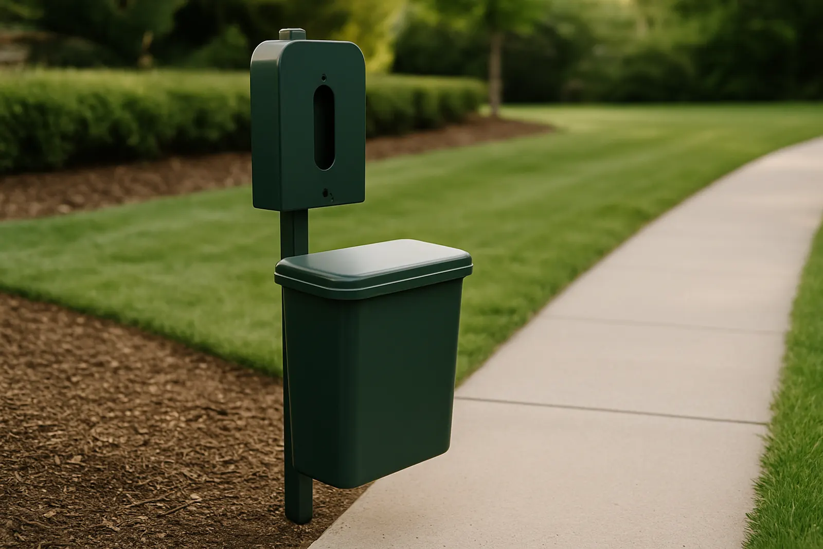 A pet waste station with bag dispenser and trash receptacle beside a paved community path