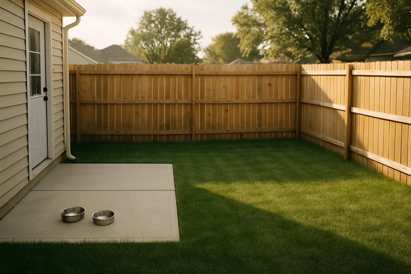 A compact fenced backyard with neat turf and a patio in morning light