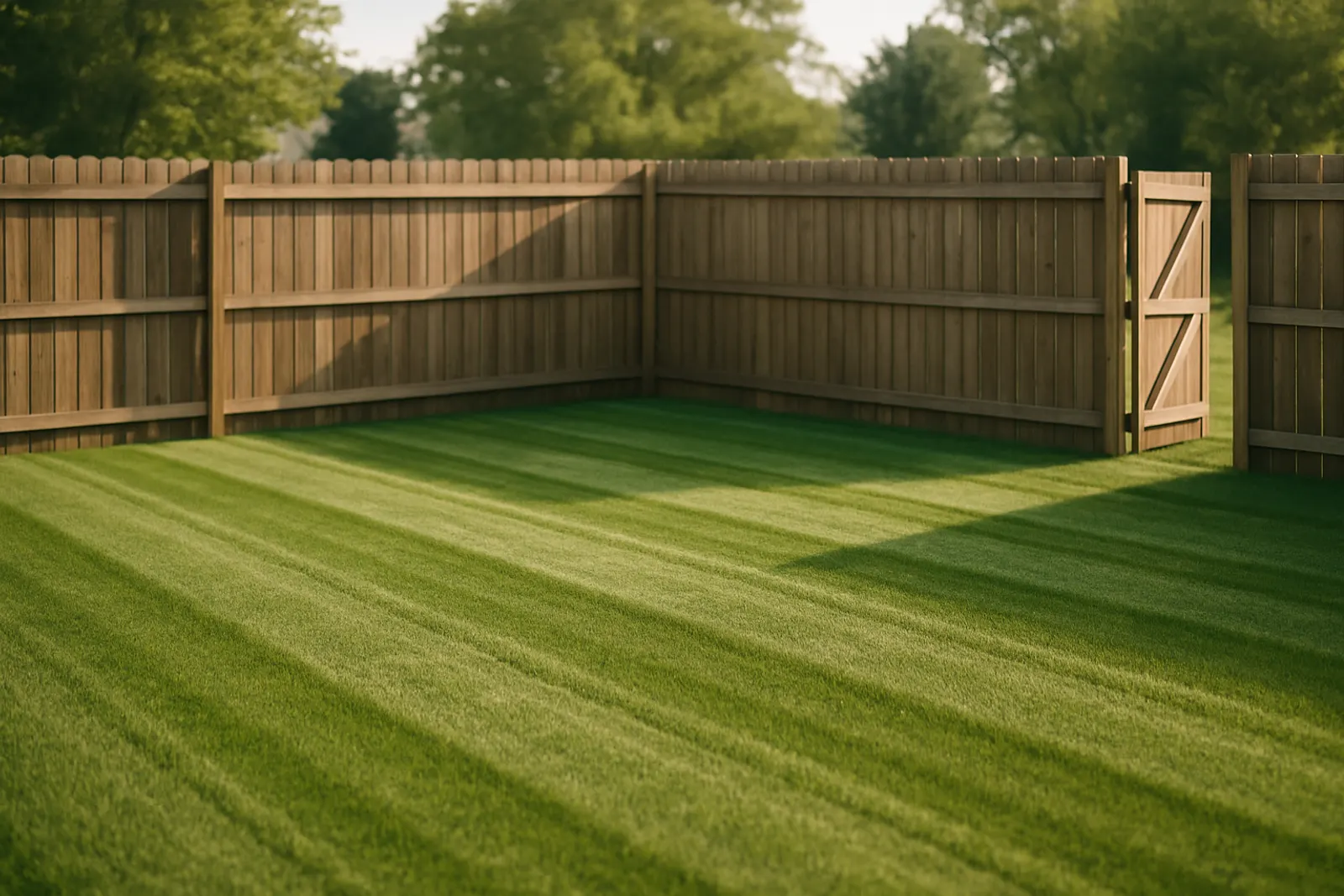 A clean, freshly cut suburban back lawn with a wooden privacy fence and an open gate